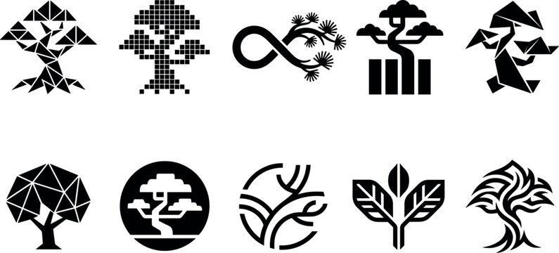 Abstract bonsai tree silhouette icons vector bundle featuring geometric origami low poly pixel art infinity loop and Japanese nature logo design elements
