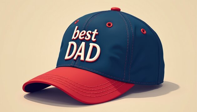 Blue and red baseball cap shows best dad text embroidery. Headwear accessory offers father appreciation gift. Perfect for Father Day celebration concept.