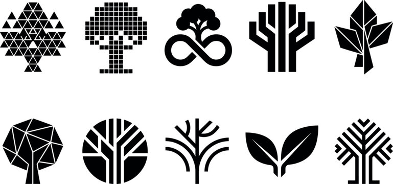 Abstract forest tree silhouette icons vector bundle featuring geometric origami low poly pixel art infinity loop and organic nature logo elements
