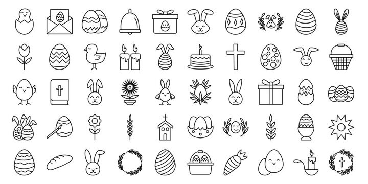 Easter Day Outline Icon Set with Bunny Eggs Church and Christian Symbols Vector Illustration