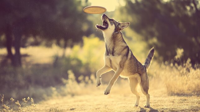 Dog leaping to catch a disc in outdoor setting with natural sunlight