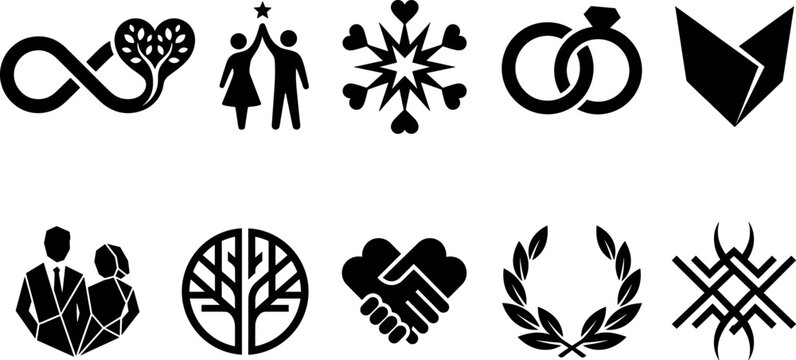 Abstract wedding and partnership silhouette icons vector bundle featuring infinity tree high five couple heart snowflake rings and geometric low poly bride groom elements