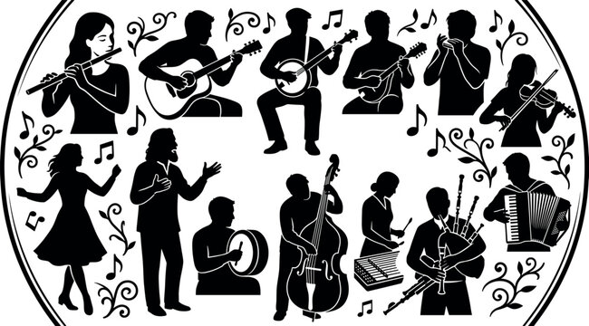 Acoustic folk music band silhouettes featuring musicians playing guitar, banjo, flute, violin, double bass, bagpipes, accordion, and singing performers.