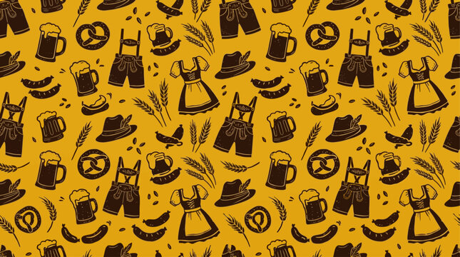 Seamless Bavarian Oktoberfest pattern in mustard yellow featuring silhouette icons of beer mugs, pretzels, dirndl, lederhosen, hats, wheat and hops for backgrounds.