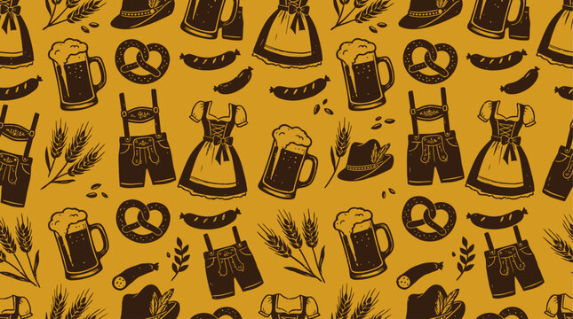 Seamless Bavarian Oktoberfest pattern in mustard yellow featuring silhouette icons of beer mugs, pretzels, dirndl, lederhosen, hats, wheat and hops for backgrounds.
