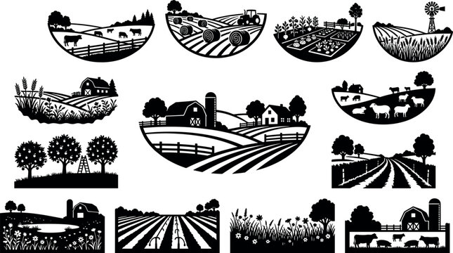 Agriculture and farming landscape icon set featuring rural barns livestock fields tractor hay bales windmill and organic orchard silhouettes