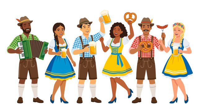 Flat vector illustration of a diverse group in lederhosen and dirndl celebrating Oktoberfest with beer mugs, pretzel, sausage and accordion music.