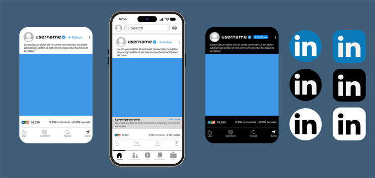 Comprehensive LinkedIn mobile post interface mockups, smartphone screen with social feed, collection of professional network brand icons