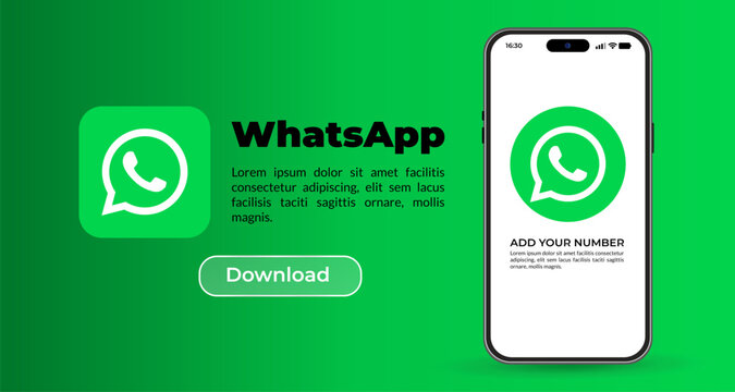 WhatsApp mobile application interface design, smartphone displaying the login screen, download button for user acquisition
