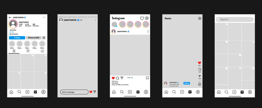 Instagram mobile application UI profile templates, smartphone showing varied screens, modern social media layout for content creators