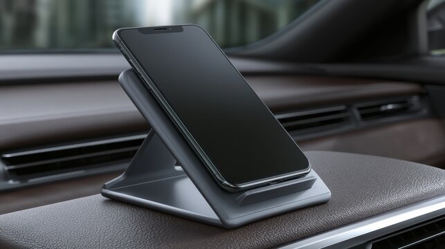 Modern smartphone on a stylish car dashboard stand in a luxurious interior emphasizing technology and convenience for daily drivers and commuters