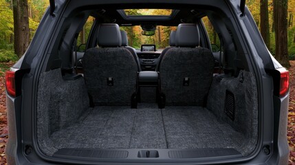 Fototapeta premium Spacious and Clean SUV Cargo Area with Plush Carpet Interior Surrounded by Trees in Autumn, Perfect for Travel and Adventure