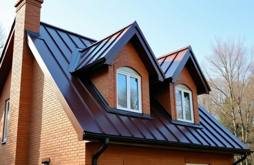 Obraz premium House with brick walls and dark metal roof. Dormer windows and chimney show modern exterior design. Building facade made from quality materials looks very nice.
