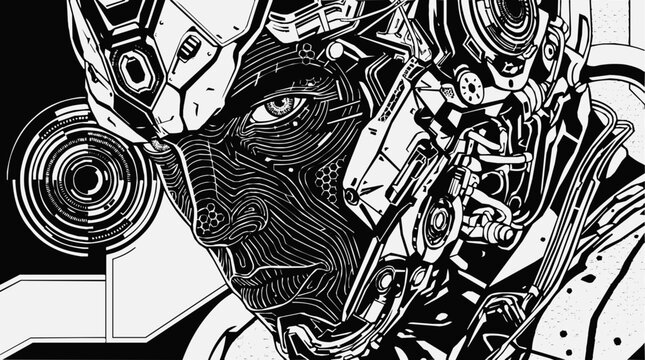 Cybernetic Cyborg with Futuristic Mecha Armor and Robotic Details in a High-Contrast Monochrome Sci-Fi Illustration