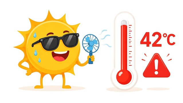 Cute 3D sun cartoon character holding a blue mini fan next to a red 42 degrees Celsius thermometer and warning sign illustrating extreme summer heat