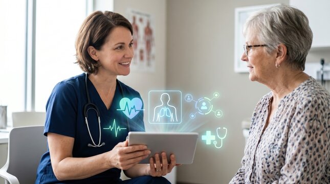 Female nurse consulting senior patient with tablet showing digital health icons, heart rate and lungs symbol, discussing medical care and treatment options in modern clinic or h...