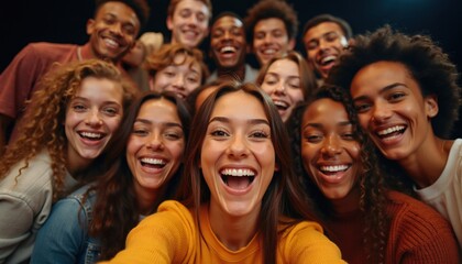 Fototapeta premium Diverse group of happy young students smile together at camera. Multiethnic people laugh celebrate success after theatre performance. Friendly teen friends enjoy unity teamwork in drama club.