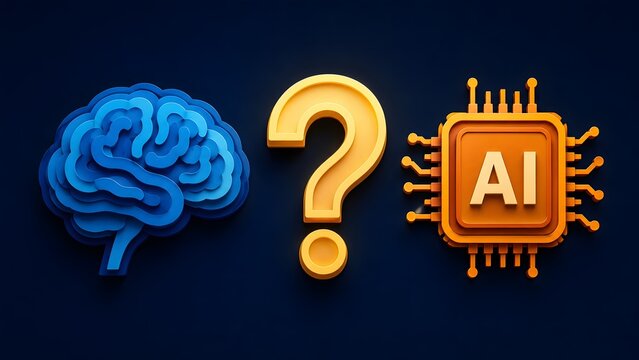 Paper cut style 3D illustration of human brain and AI microchip with question mark representing technology choices
