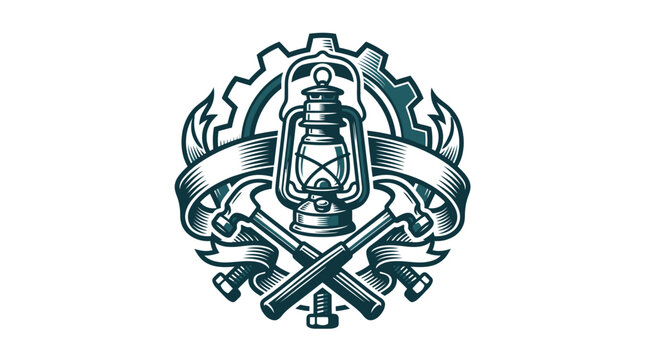 Vintage industrial emblem with central oil lantern, crossed claw hammers, mechanical gear wheel, and blank ribbon banner, isolated on white with hardware bolt details.