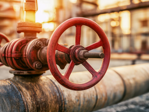 Industrial Valve at Sunset: A close-up of a weathered red industrial valve attached to a large metal pipe, illuminated by the warm, golden light of a sunset.