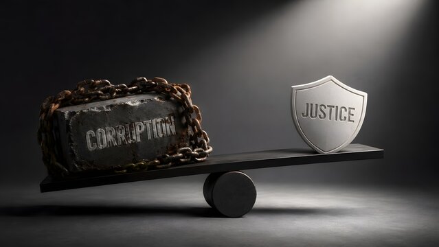 Scale of justice concept with a chained iron block labeled corruption outweighing a white protective shield of justice