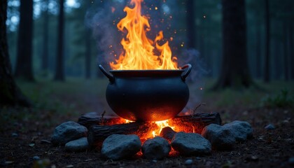 Obraz premium Black iron cauldron sits over hot wood fire in dark forest at night. Bright orange flames burn with smoke under twilight sky. Magical potion boils inside pot surrounded by stones. Mystery atmosphere