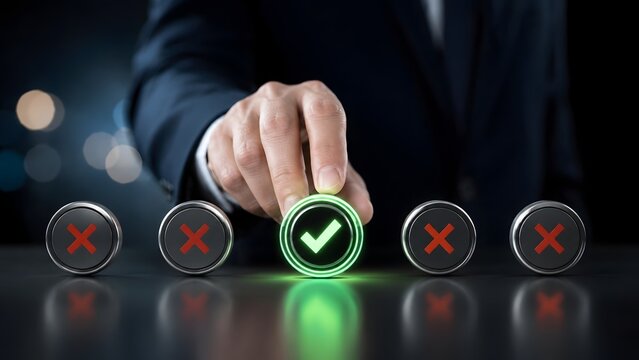 Businessman hand pressing a glowing green checkmark button among red crosses representing business approval and correct strategic decisions.