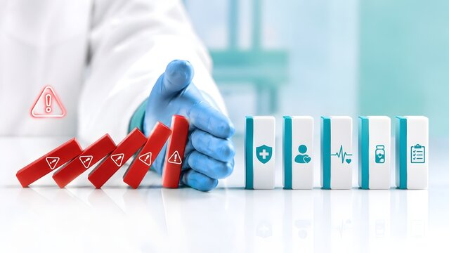 Medical risk management concept with doctor hand stopping falling red warning dominoes to protect healthcare icons