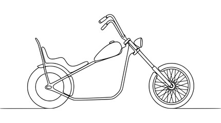 Minimalist single line drawing of a chopper motorcycle, black and white outline. © Berkah