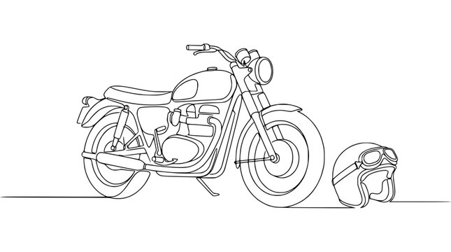Minimalist continuous line drawing of a vintage motorcycle and helmet on white background