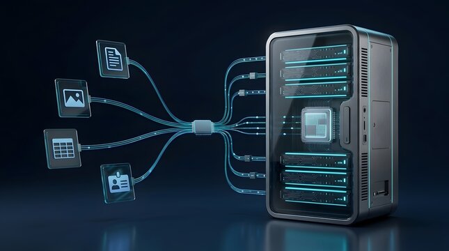 Futuristic computer server processing digital data with glowing blue cables connecting to document and image icons symbolizing cloud computing.