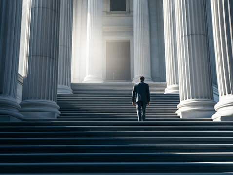 Journey to Justice: A lone figure in a suit ascends the grand steps of a classical courthouse, bathed in ethereal light, symbolizing the pursuit of truth and the weight of legal proceedings.