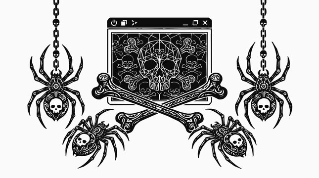 Dark Cybercrime Illustration Featuring a Geometric Skull Crossbones Hacker Screen and Menacing Spider Malware Symbols for Network Security Concepts