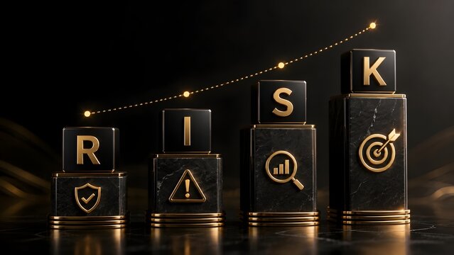 Elegant risk management strategy concept with black marble blocks and golden business icons representing premium financial investment and growth.
