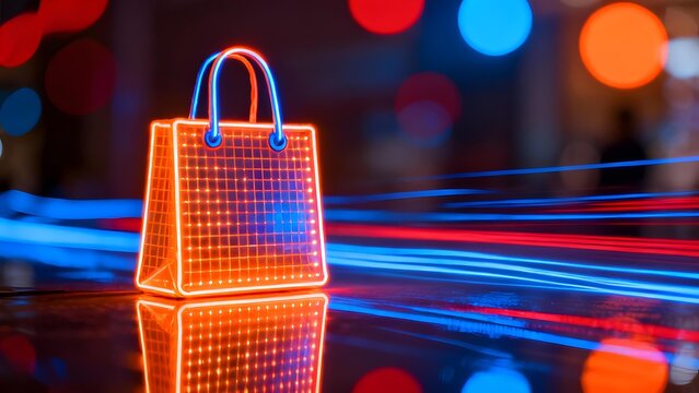 Neon-lit shopping bag with grid pattern reflecting on glossy surface amid colorful light streaks and bokeh background