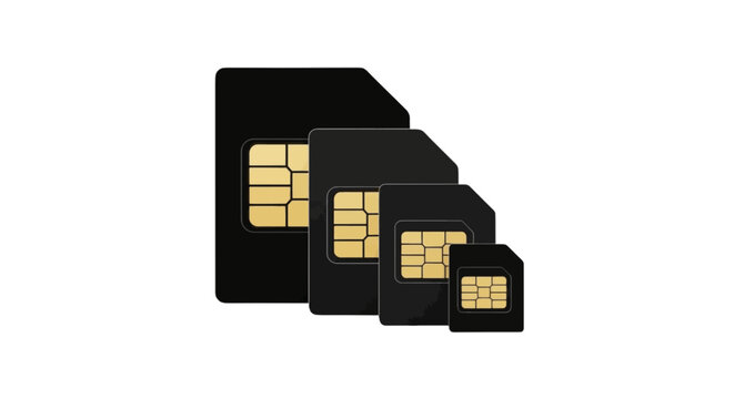 Vector illustration of set of four different sizes of sim cards on a transparent background