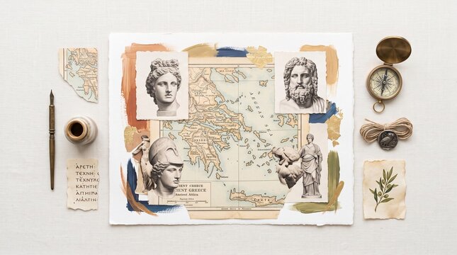 Ancient Greece Vintage Collage with Map and Greek Sculptures