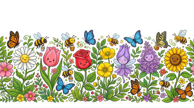 Horizontal border featuring adorable flower characters, bees, butterflies and leaves in a colorful spring composition, isolated on white background, clean composition, copy space, commercial stock 