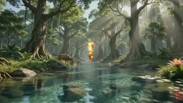 10 Second Golden Countdown in Enchanted Magical Forest with River and Wildlife
