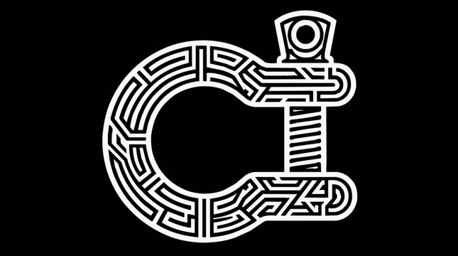 Industrial bow shackle clevis featuring a geometric labyrinth pattern for heavy duty hardware and rigging equipment icon