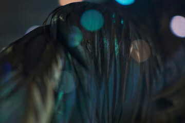 Glossy bird feather reflecting colorful night glows. Macro shot of mysterious wildlife. © hiroya
