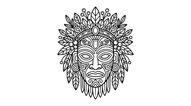 Tribal mask, native american headdress, indigenous culture, outline art, ethnic face, vector illustration