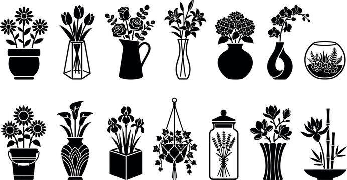 Elegant indoor houseplant and flower vase silhouette collection featuring potted sunflowers, tulips, roses, hanging ivy planter, terrarium, and bamboo stems.