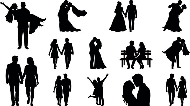 Elegant wedding bride and groom silhouette bundle featuring romantic ballroom dancing, bench sitting, carrying bride, holding hands, and passionate kissing profiles.