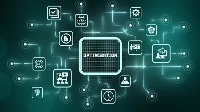 Optimization business technology interface with intelligent process improvement, digital performance analytics, and enterprise efficiency animation.
