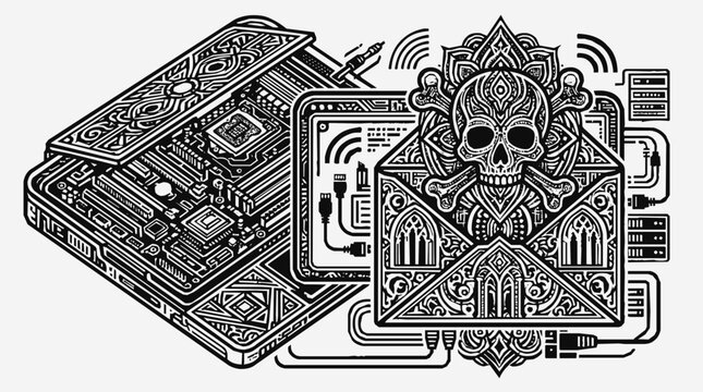 Cybercrime and Phishing Hacking Concept Featuring a Skull on an Envelope with Intricate Circuitry and Digital Connectivity Design