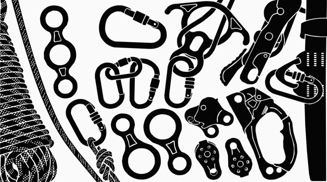 Professional climbing gear set featuring carabiner, rope, mountaineering tools, and safety equipment icons for outdoor adventure and industrial rescue