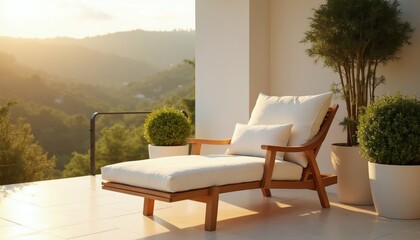 Obraz premium Wooden lounge chair stands on modern apartment terrace balcony at sunset. Comfortable white cushion seat furniture sits near green potted plants overlooking scenic mountain hills. Peaceful outdoor