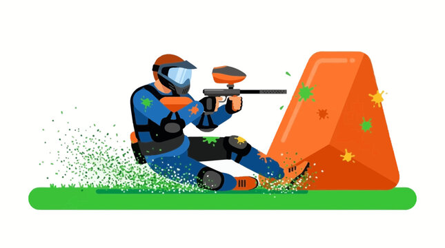 Paintball vector athlete in blue gear sliding near orange bunker