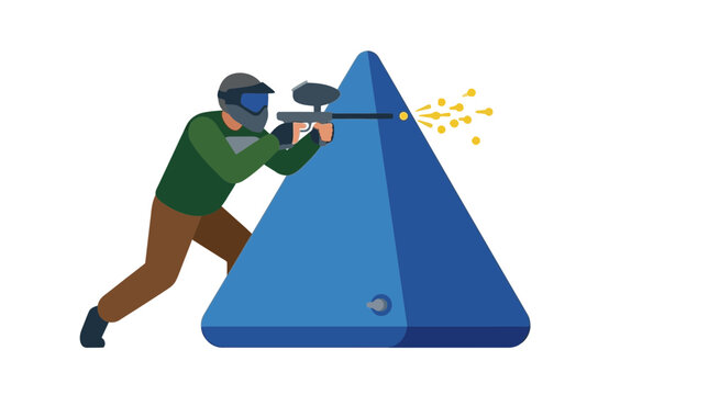 Paintball vector player shooting from behind a blue bunker